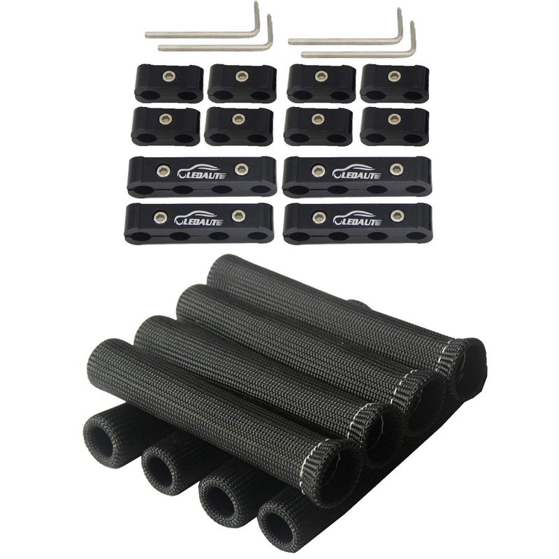LEDAUT Black 8Cyl Spark Plug Heat Shield Protector and 12pc Engine Spark Plug Wire Separator Insulating Fire Sleeve with Divider Suit for 8mm 9mm 10mm - Image 1